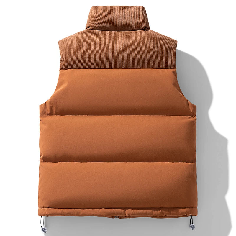 Winter Unisex Puffer Vest Thickened Warm Corduroy Windproof Outdoor Sleeveless Stand Collar Fashion Casual Cotton-Padded Coat