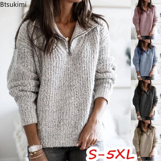 New Autumn Winter Warm Pullover Sweater Women Fashion Solid Long Sleeve Knitwear Zip Neck Loose Knitted Sweater Jumper Top S-5XL