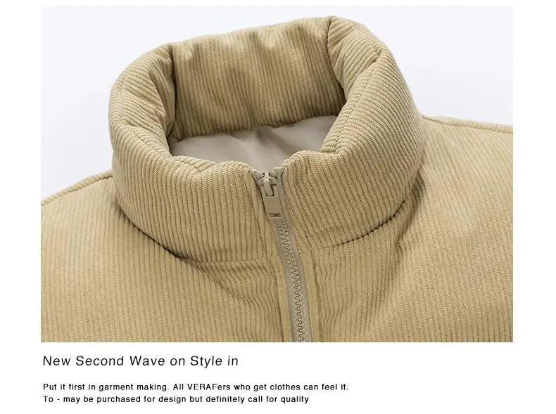 Winter Unisex Puffer Vest Thickened Warm Corduroy Windproof Outdoor Sleeveless Stand Collar Fashion Casual Cotton-Padded Coat