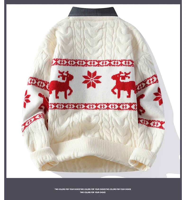 Christmas Clothing Men Sweaters Reindeer Pattern Long Sleeve Polo Neck Xmas Holiday Loose Knitwear Sweater Man Jumper Pullover