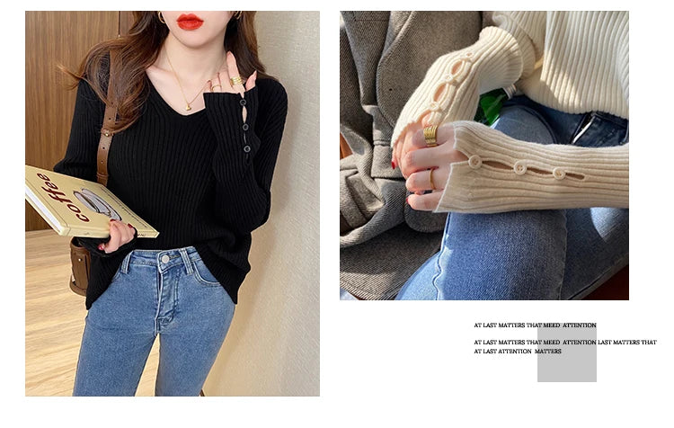 Autumn Winter Women Sweaters Long Sleeve Knitted V Neck Button Pullover Sweater Femme Basic Solid Jersey Tops Fashion Clothes