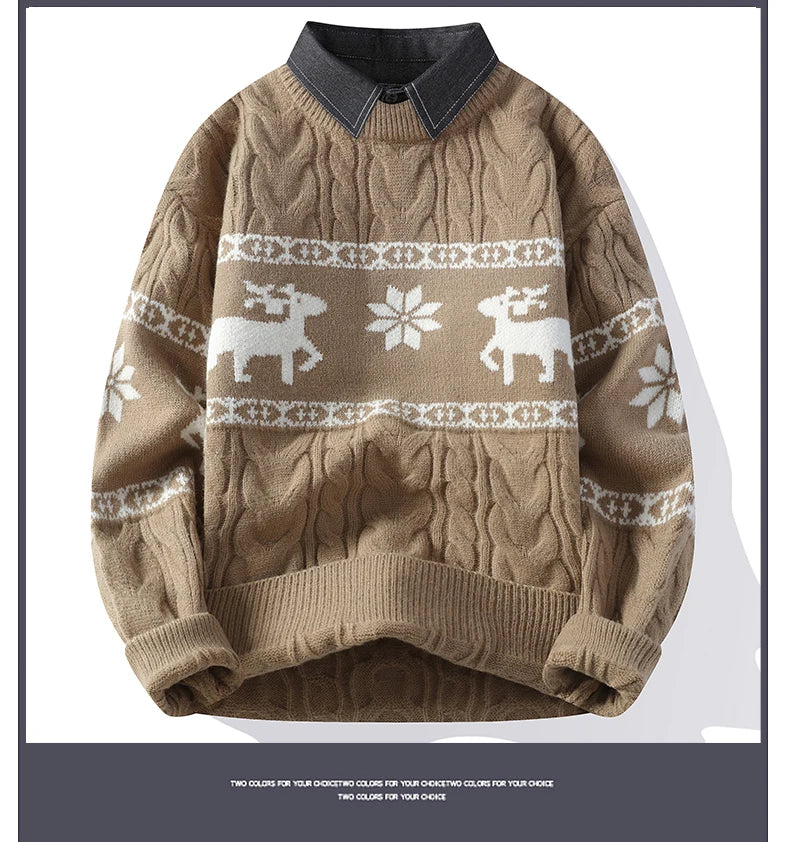 Christmas Clothing Men Sweaters Reindeer Pattern Long Sleeve Polo Neck Xmas Holiday Loose Knitwear Sweater Man Jumper Pullover
