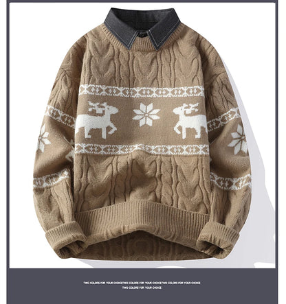 Christmas Clothing Men Sweaters Reindeer Pattern Long Sleeve Polo Neck Xmas Holiday Loose Knitwear Sweater Man Jumper Pullover