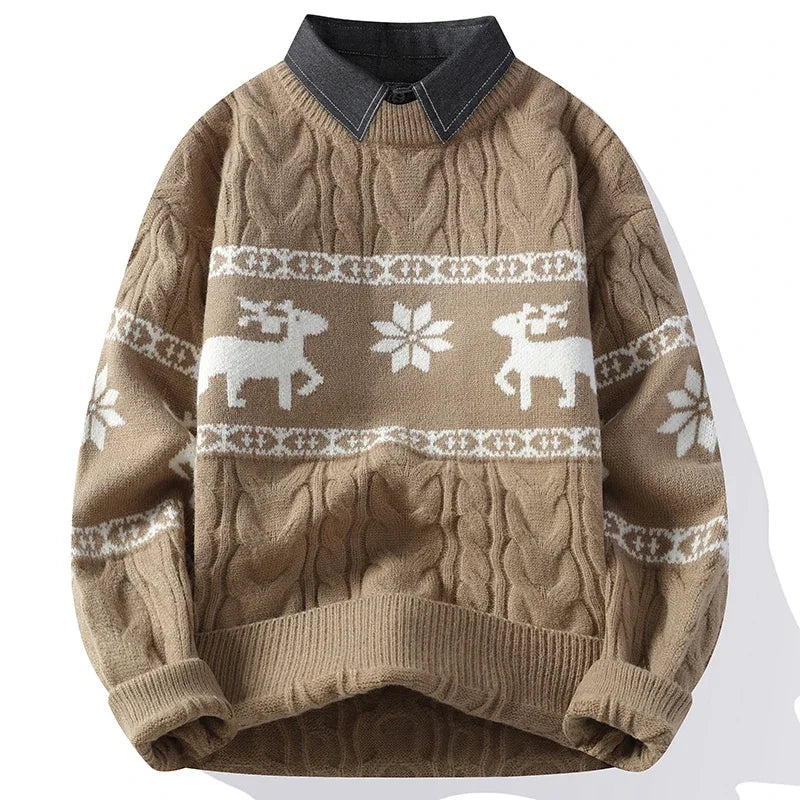 Christmas Clothing Men Sweaters Reindeer Pattern Long Sleeve Polo Neck Xmas Holiday Loose Knitwear Sweater Man Jumper Pullover