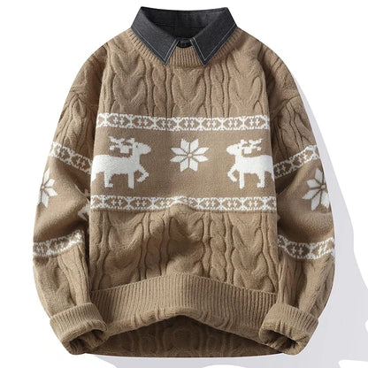 Christmas Clothing Men Sweaters Reindeer Pattern Long Sleeve Polo Neck Xmas Holiday Loose Knitwear Sweater Man Jumper Pullover