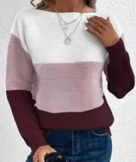 New Autumn Winter Knitted Sweater Women's Foreign Trade Color Blocking Splicing Round Neck Long Sleeved Pullover Top