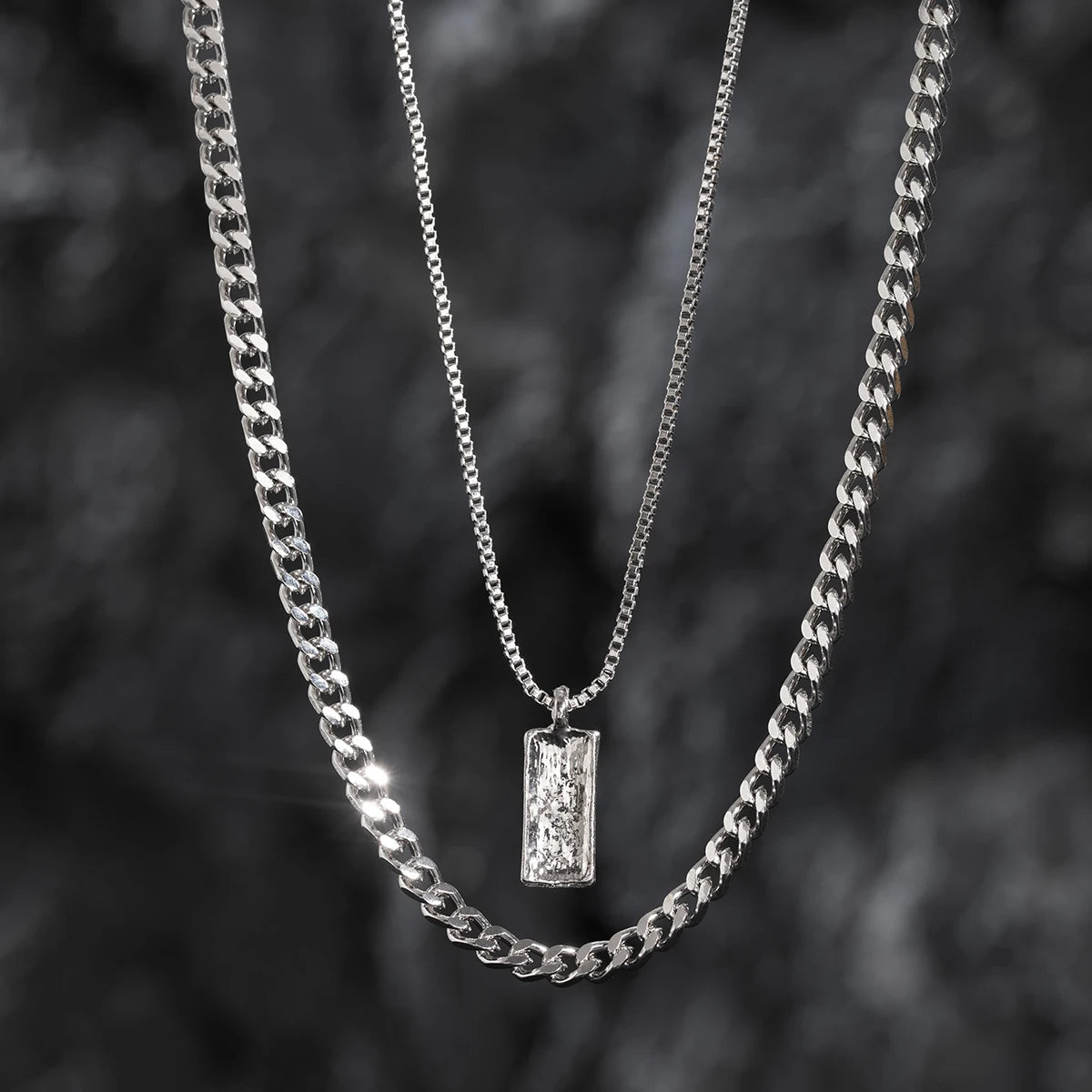 KunJoe 2pcs/set Rectangular Pendant Box Chain Necklace for Men Punk Silver Color Cuban Link Chain Choker Necklace Party