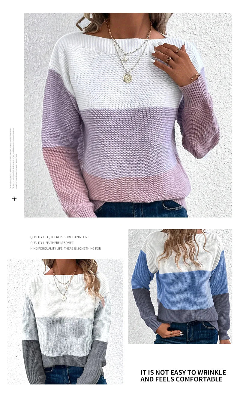 New Autumn Winter Knitted Sweater Women's Foreign Trade Color Blocking Splicing Round Neck Long Sleeved Pullover Top