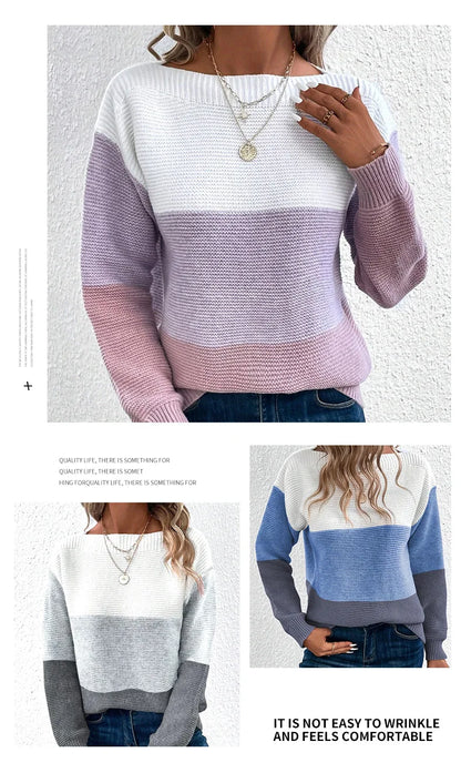 New Autumn Winter Knitted Sweater Women's Foreign Trade Color Blocking Splicing Round Neck Long Sleeved Pullover Top