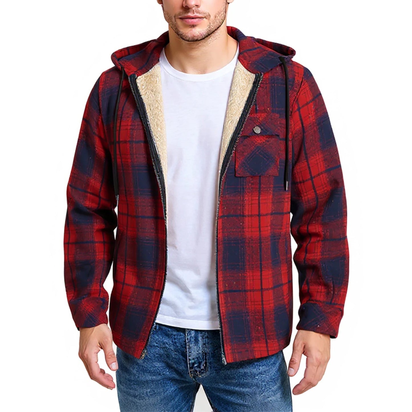 Men's Shirt Plaid Retro Warm Top Winter Fashion Men's Clothing Classic Style Zipper Jacket Thickened Fleece Lined Hooded