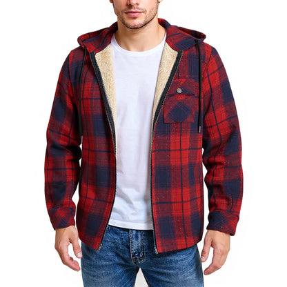 Men's Shirt Plaid Retro Warm Top Winter Fashion Men's Clothing Classic Style Zipper Jacket Thickened Fleece Lined Hooded
