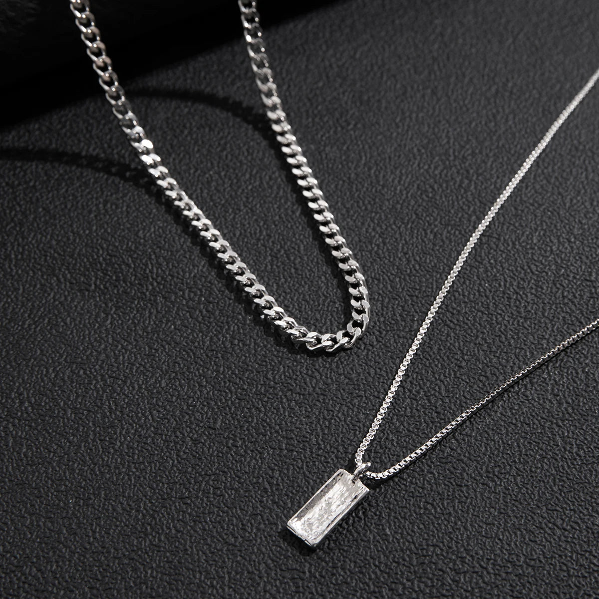 KunJoe 2pcs/set Rectangular Pendant Box Chain Necklace for Men Punk Silver Color Cuban Link Chain Choker Necklace Party