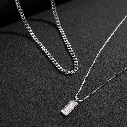 KunJoe 2pcs/set Rectangular Pendant Box Chain Necklace for Men Punk Silver Color Cuban Link Chain Choker Necklace Party