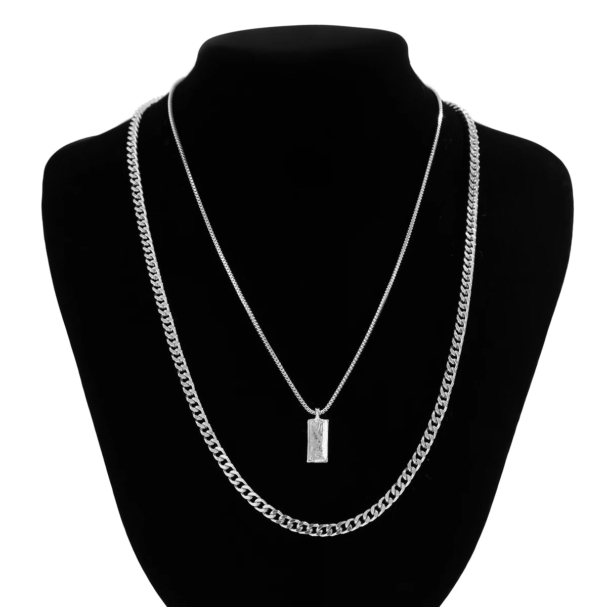 KunJoe 2pcs/set Rectangular Pendant Box Chain Necklace for Men Punk Silver Color Cuban Link Chain Choker Necklace Party