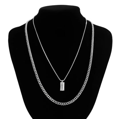 KunJoe 2pcs/set Rectangular Pendant Box Chain Necklace for Men Punk Silver Color Cuban Link Chain Choker Necklace Party