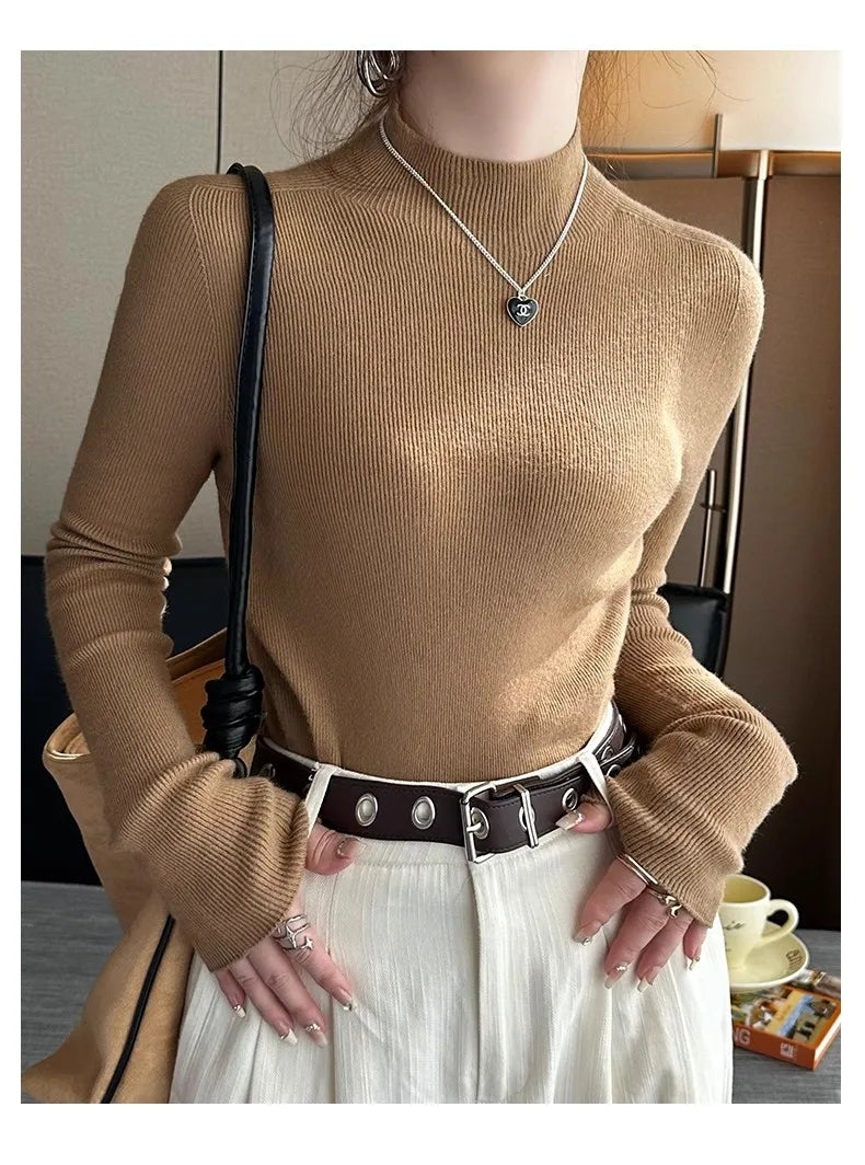 Hot Sale Women Sweater Autumn Mock Neck Vintage Basic Solid Knitted Tops Slim Pullover Korean Sweaters Long Sleeve Clothes 90s