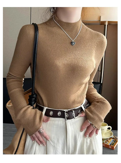 Hot Sale Women Sweater Autumn Mock Neck Vintage Basic Solid Knitted Tops Slim Pullover Korean Sweaters Long Sleeve Clothes 90s