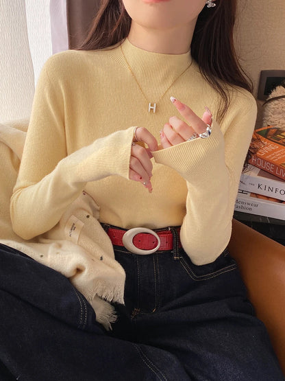Hot Sale Women Sweater Autumn Mock Neck Vintage Basic Solid Knitted Tops Slim Pullover Korean Sweaters Long Sleeve Clothes 90s