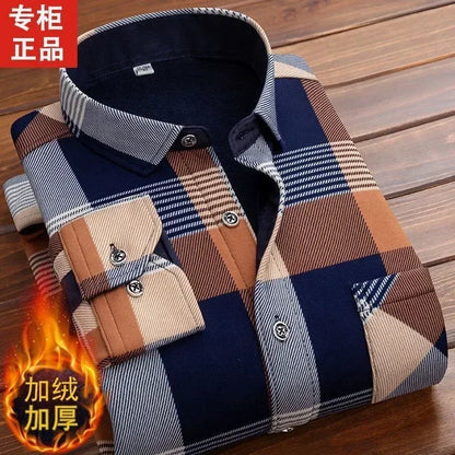 2025 Men's Winter Warm Long Sleeve Plaid Shirts Flannel Fur Lined Thick Formal Shirts Fleece Casual Shirt for Men Dress Shirts