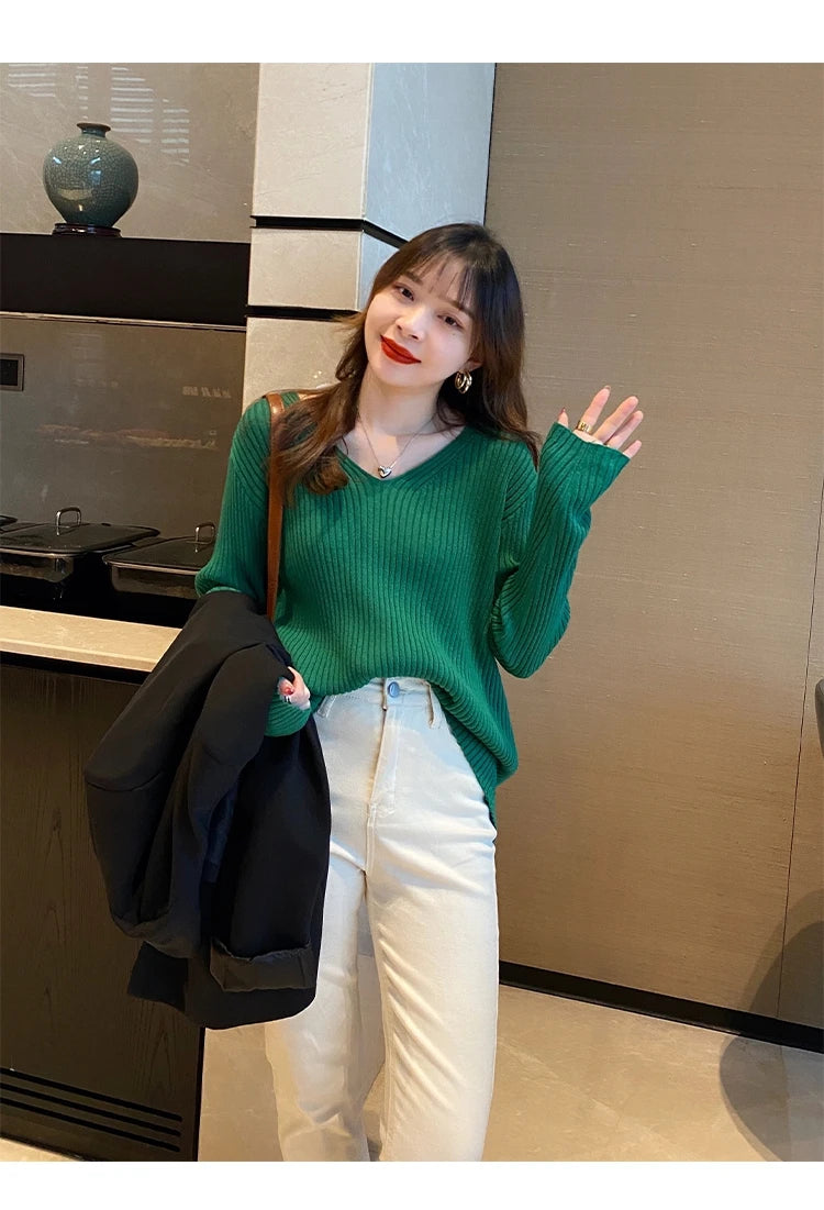 Autumn Winter Women Sweaters Long Sleeve Knitted V Neck Button Pullover Sweater Femme Basic Solid Jersey Tops Fashion Clothes
