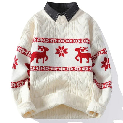 Christmas Clothing Men Sweaters Reindeer Pattern Long Sleeve Polo Neck Xmas Holiday Loose Knitwear Sweater Man Jumper Pullover