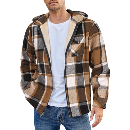 Men's Shirt Plaid Retro Warm Top Winter Fashion Men's Clothing Classic Style Zipper Jacket Thickened Fleece Lined Hooded