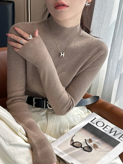 Hot Sale Women Sweater Autumn Mock Neck Vintage Basic Solid Knitted Tops Slim Pullover Korean Sweaters Long Sleeve Clothes 90s