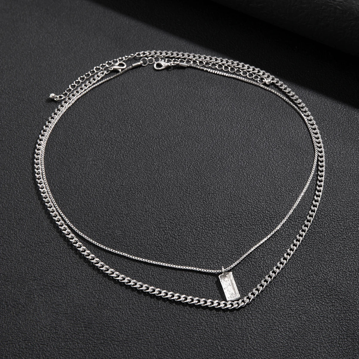 KunJoe 2pcs/set Rectangular Pendant Box Chain Necklace for Men Punk Silver Color Cuban Link Chain Choker Necklace Party