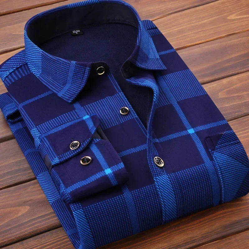 2025 Men's Winter Warm Long Sleeve Plaid Shirts Flannel Fur Lined Thick Formal Shirts Fleece Casual Shirt for Men Dress Shirts