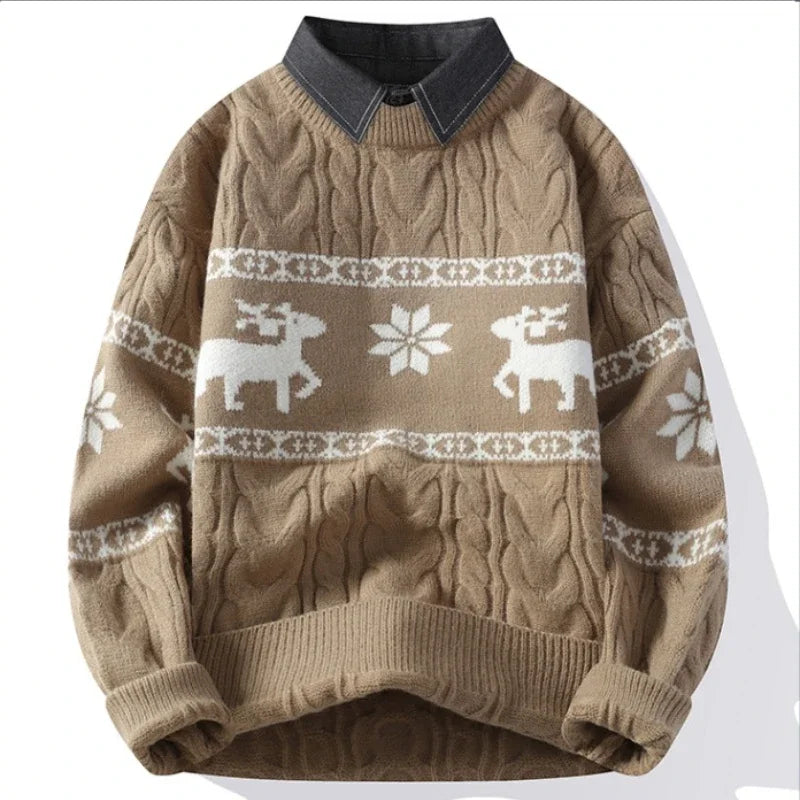 Christmas Clothing Men Sweaters Reindeer Pattern Long Sleeve Polo Neck Xmas Holiday Loose Knitwear Sweater Man Jumper Pullover