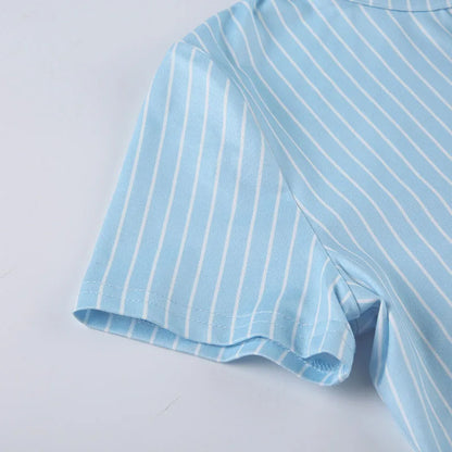 Classic Blue Striped Shirts Women Summer Shorts Sleeve Button Up Basic Shirt Mujer Y2K Aesthetic Retro Slim Fit Lapel Blouse