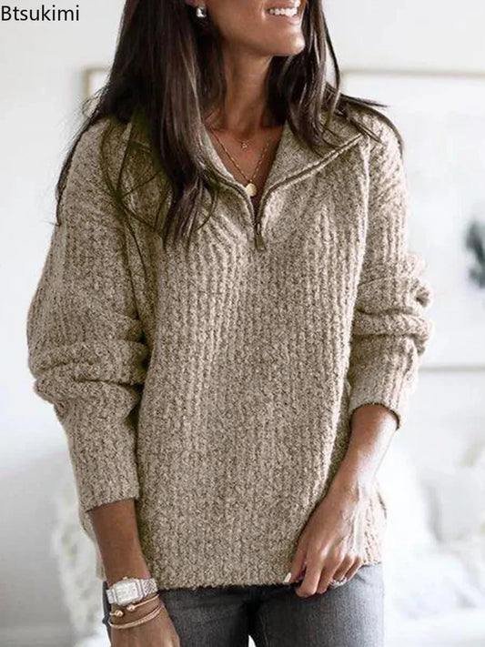 New Autumn Winter Warm Pullover Sweater Women Fashion Solid Long Sleeve Knitwear Zip Neck Loose Knitted Sweater Jumper Top S-5XL
