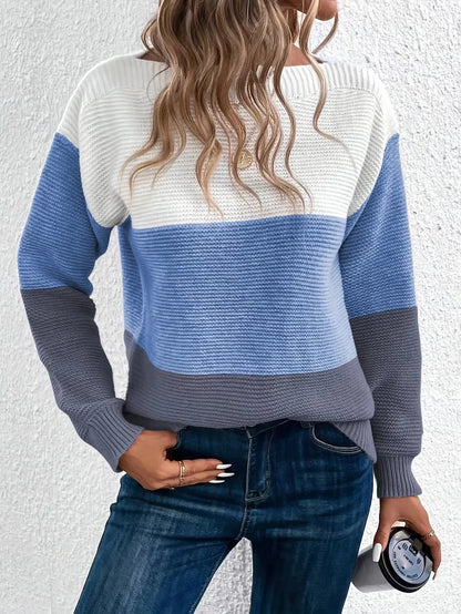 New Autumn Winter Knitted Sweater Women's Foreign Trade Color Blocking Splicing Round Neck Long Sleeved Pullover Top