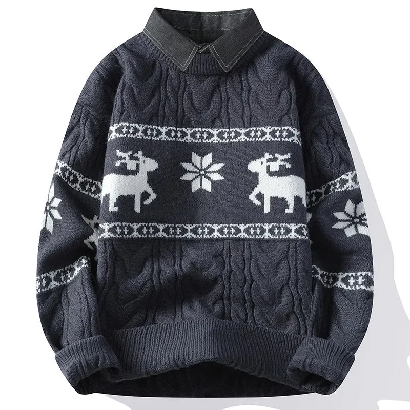 Christmas Clothing Men Sweaters Reindeer Pattern Long Sleeve Polo Neck Xmas Holiday Loose Knitwear Sweater Man Jumper Pullover