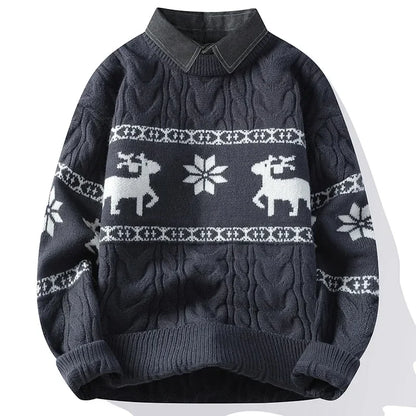 Christmas Clothing Men Sweaters Reindeer Pattern Long Sleeve Polo Neck Xmas Holiday Loose Knitwear Sweater Man Jumper Pullover