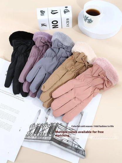 Ski Gloves Women Winter Fleece Thickened Warm Plush Cotton Waterproof Touch-Screen Gloves For Outdoor Riding Mountaineering