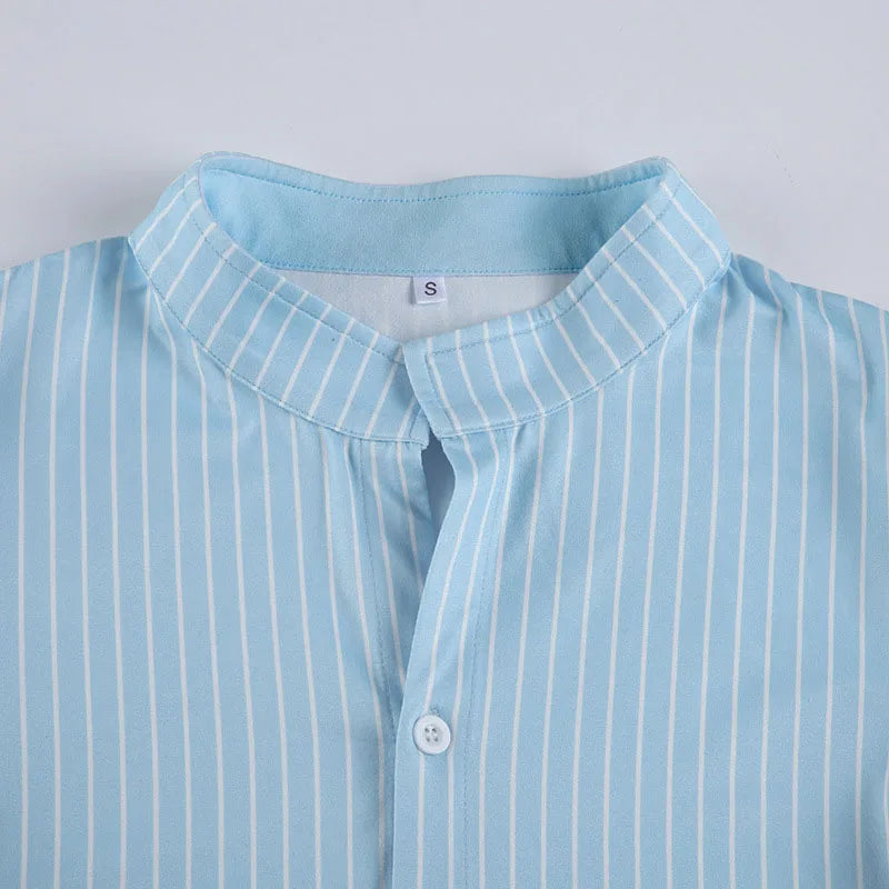 Classic Blue Striped Shirts Women Summer Shorts Sleeve Button Up Basic Shirt Mujer Y2K Aesthetic Retro Slim Fit Lapel Blouse