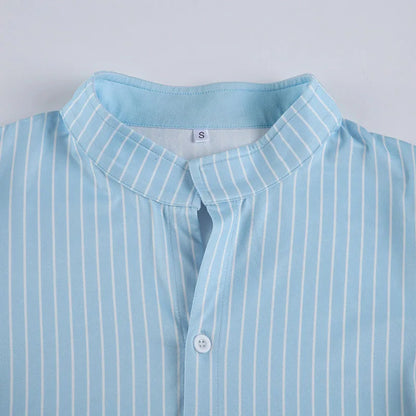 Classic Blue Striped Shirts Women Summer Shorts Sleeve Button Up Basic Shirt Mujer Y2K Aesthetic Retro Slim Fit Lapel Blouse