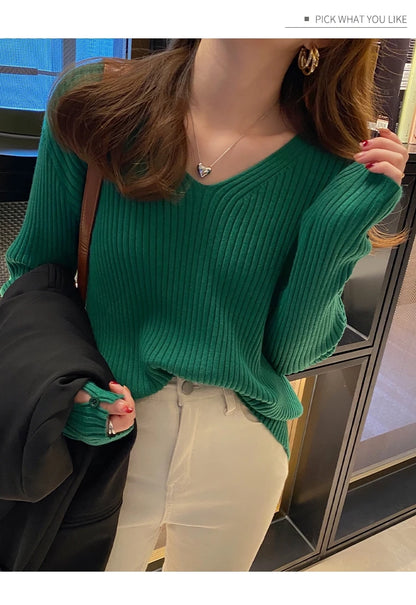 Autumn Winter Women Sweaters Long Sleeve Knitted V Neck Button Pullover Sweater Femme Basic Solid Jersey Tops Fashion Clothes