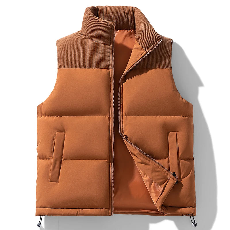 Winter Unisex Puffer Vest Thickened Warm Corduroy Windproof Outdoor Sleeveless Stand Collar Fashion Casual Cotton-Padded Coat