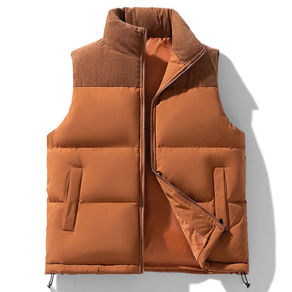 Winter Unisex Puffer Vest Thickened Warm Corduroy Windproof Outdoor Sleeveless Stand Collar Fashion Casual Cotton-Padded Coat