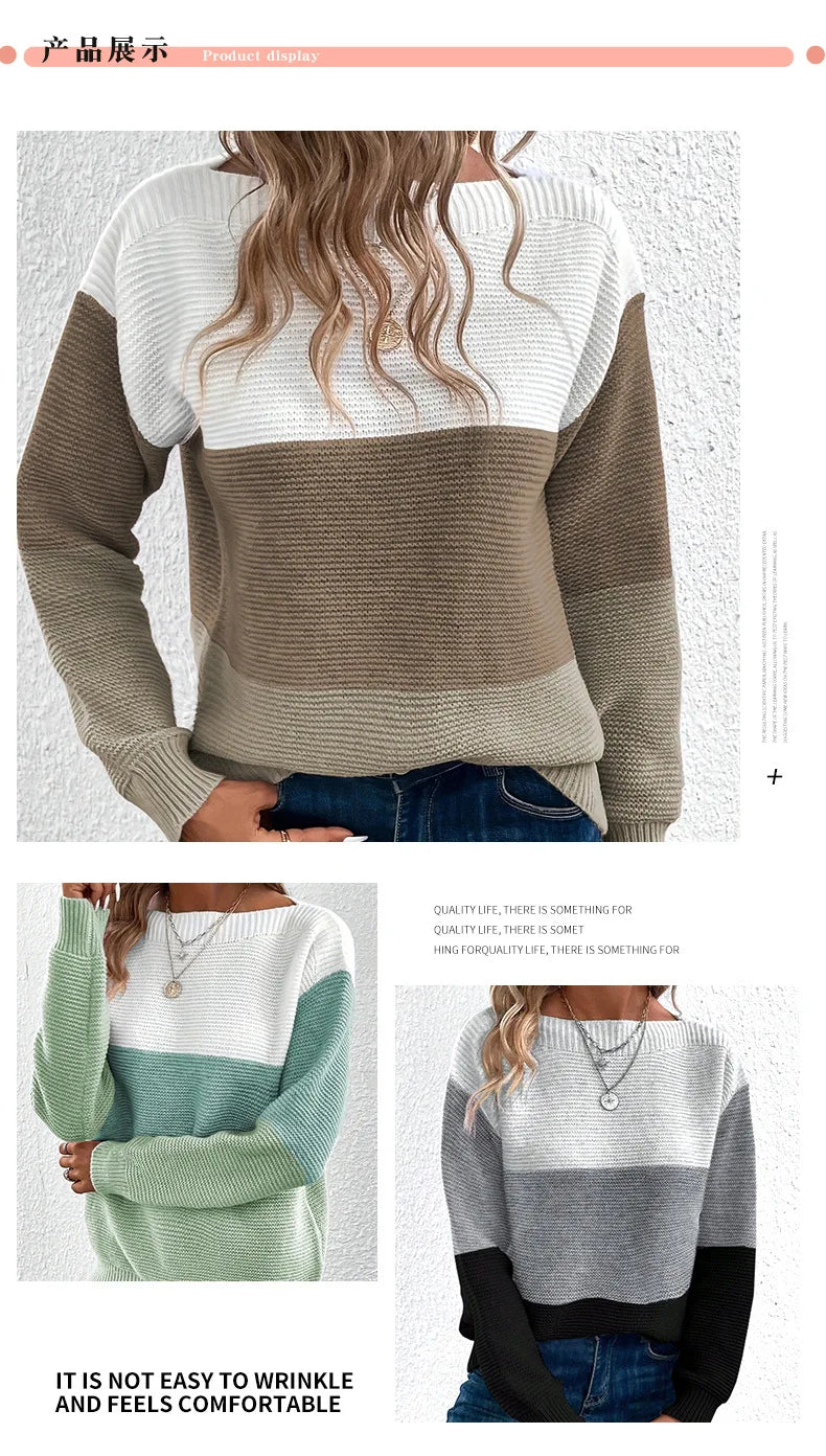 New Autumn Winter Knitted Sweater Women's Foreign Trade Color Blocking Splicing Round Neck Long Sleeved Pullover Top