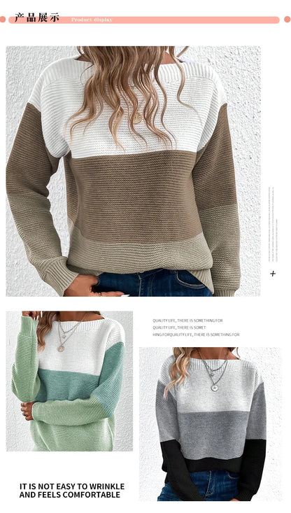 New Autumn Winter Knitted Sweater Women's Foreign Trade Color Blocking Splicing Round Neck Long Sleeved Pullover Top