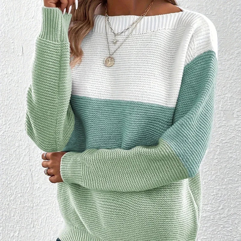 New Autumn Winter Knitted Sweater Women's Foreign Trade Color Blocking Splicing Round Neck Long Sleeved Pullover Top