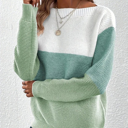 New Autumn Winter Knitted Sweater Women's Foreign Trade Color Blocking Splicing Round Neck Long Sleeved Pullover Top