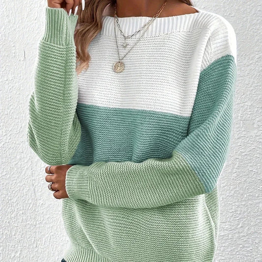 New Autumn Winter Knitted Sweater Women's Foreign Trade Color Blocking Splicing Round Neck Long Sleeved Pullover Top