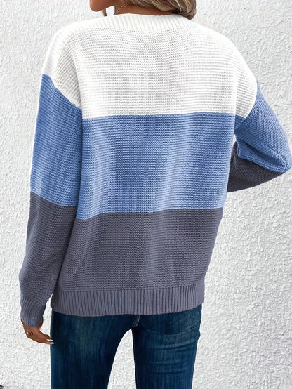 New Autumn Winter Knitted Sweater Women's Foreign Trade Color Blocking Splicing Round Neck Long Sleeved Pullover Top