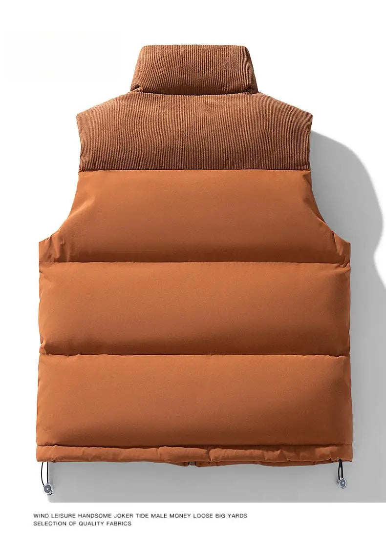 Winter Unisex Puffer Vest Thickened Warm Corduroy Windproof Outdoor Sleeveless Stand Collar Fashion Casual Cotton-Padded Coat