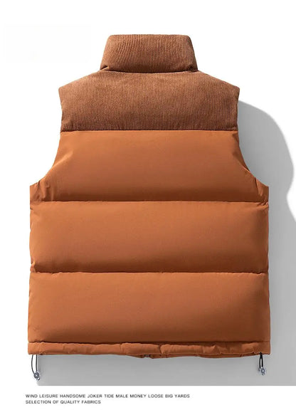 Winter Unisex Puffer Vest Thickened Warm Corduroy Windproof Outdoor Sleeveless Stand Collar Fashion Casual Cotton-Padded Coat