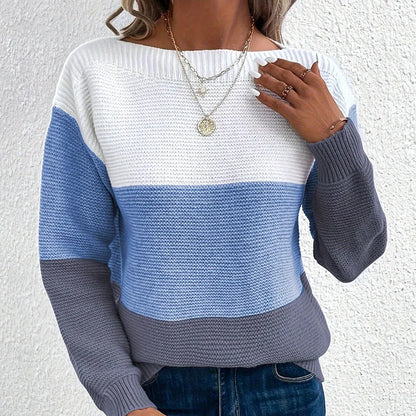 New Autumn Winter Knitted Sweater Women's Foreign Trade Color Blocking Splicing Round Neck Long Sleeved Pullover Top